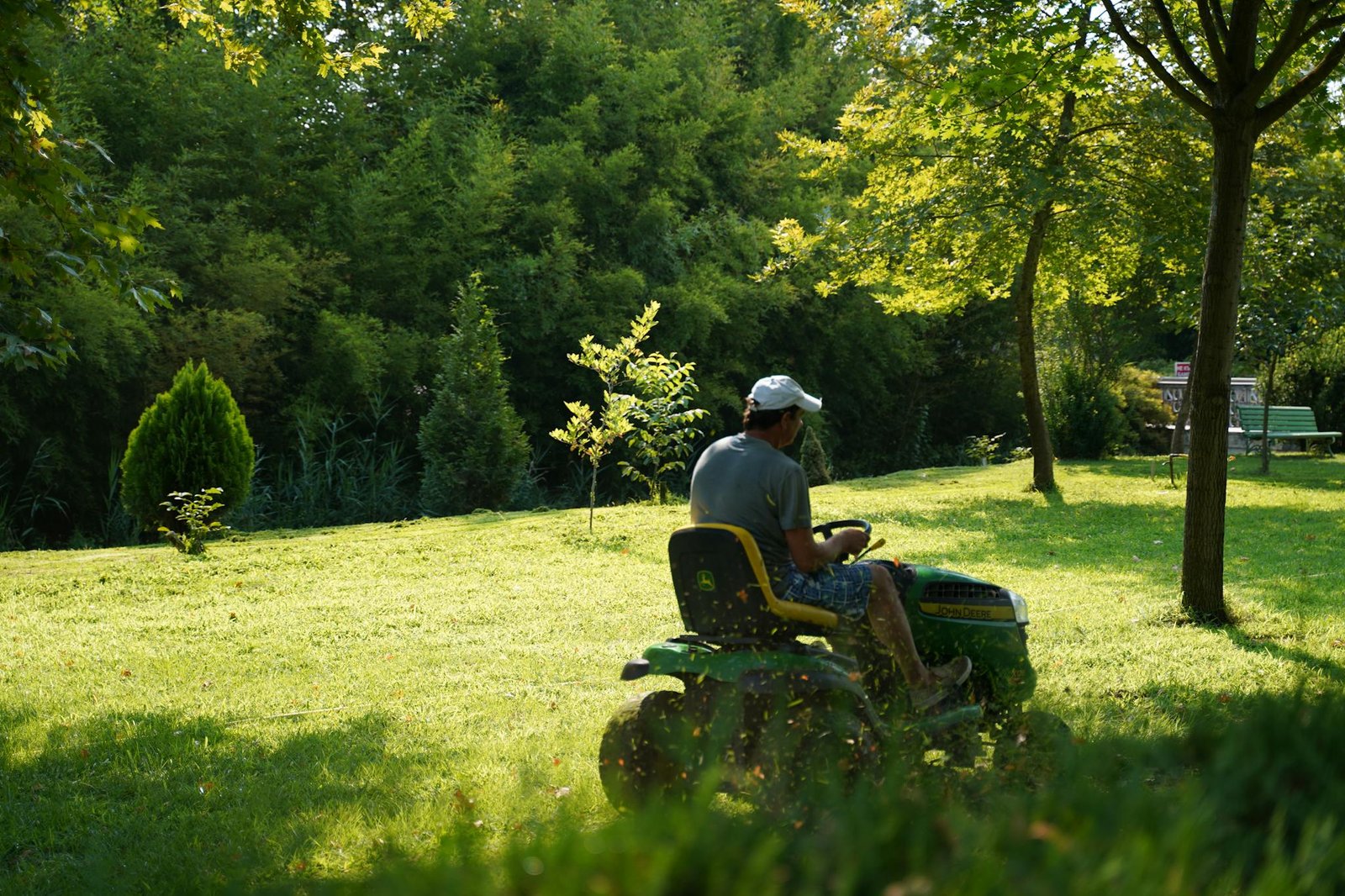 A man operating a lawn mower on a sunny day in a lush green garden, surrounded by trees and foliage.